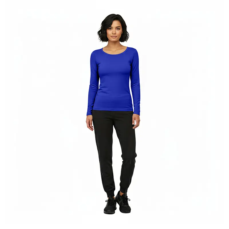 Wholesale women's blue long-sleeve crew neck top with black jogger pants and black lace-up shoes