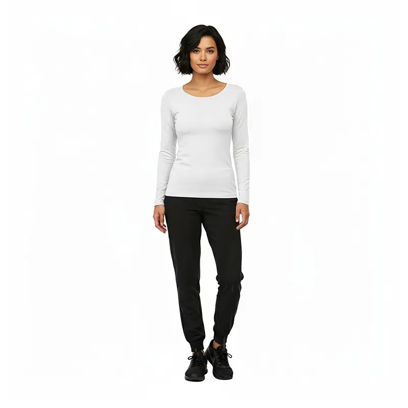 Wholesale women's white long-sleeve crew neck top with black jogger pants and black lace-up shoes