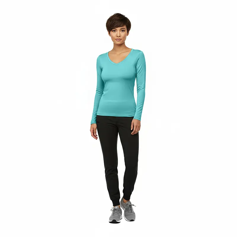 Wholesale women's turquoise long-sleeve v-neck top with black jogger pants and gray sneakers