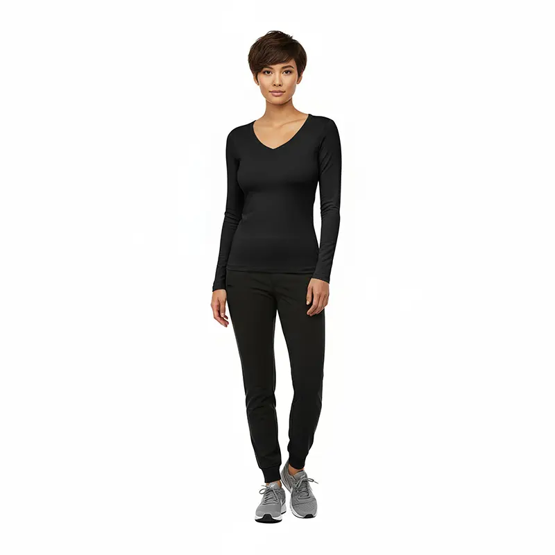 Wholesale women's black long-sleeve v-neck top and jogger pants set