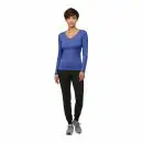 Wholesale women's blue long-sleeve v-neck top with black joggers and gray sneakers