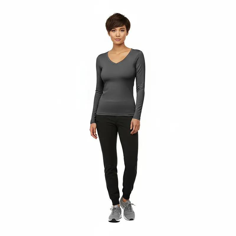 Wholesale women's charcoal long sleeve v-neck top and black jogger pants set