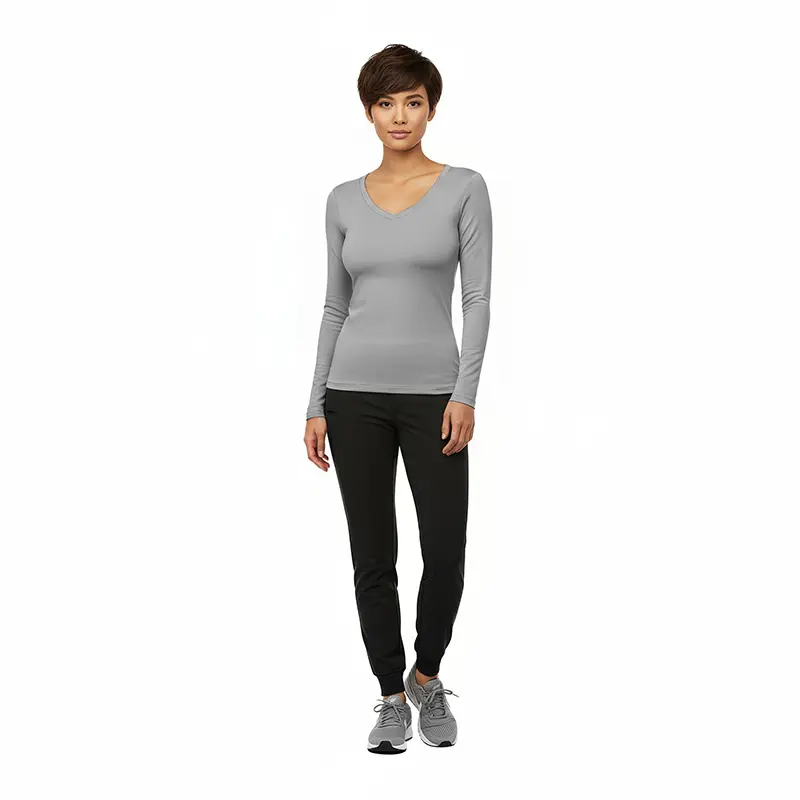 Wholesale women's gray long-sleeve v-neck top with black jogger pants and gray sneakers