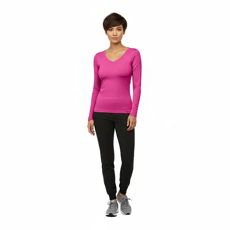Wholesale women's long-sleeve v-neck fitted top in pink with black jogger pants and gray sneakers