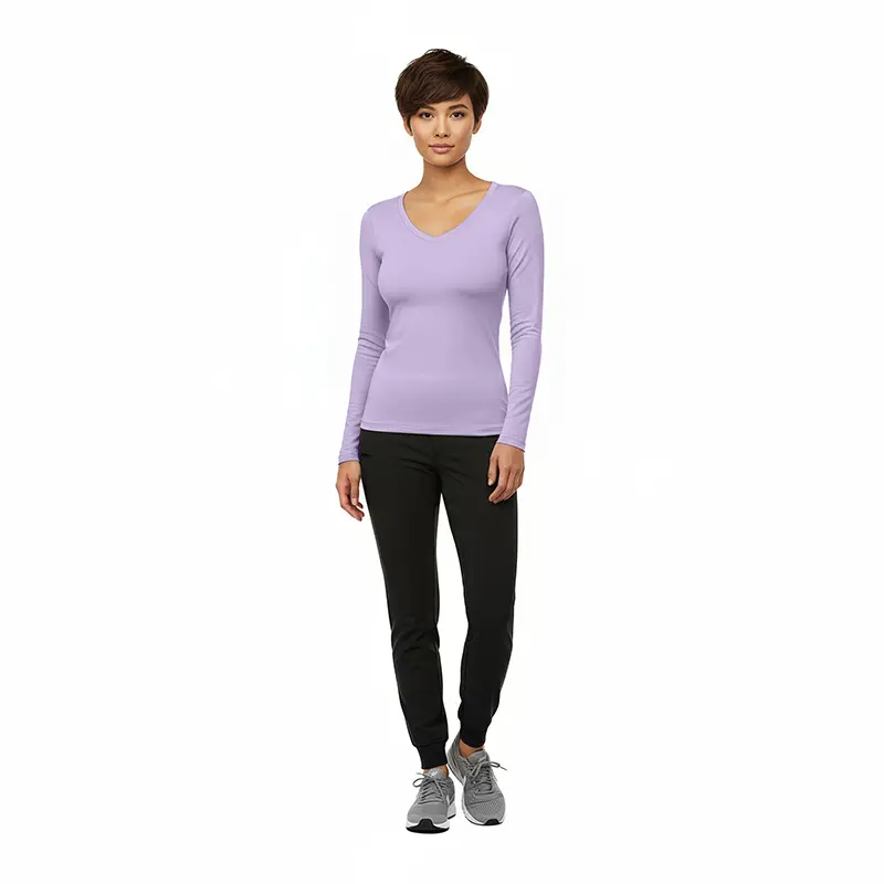 Wholesale women's lavender v-neck long-sleeve fitted top with black jogger pants and gray sneakers