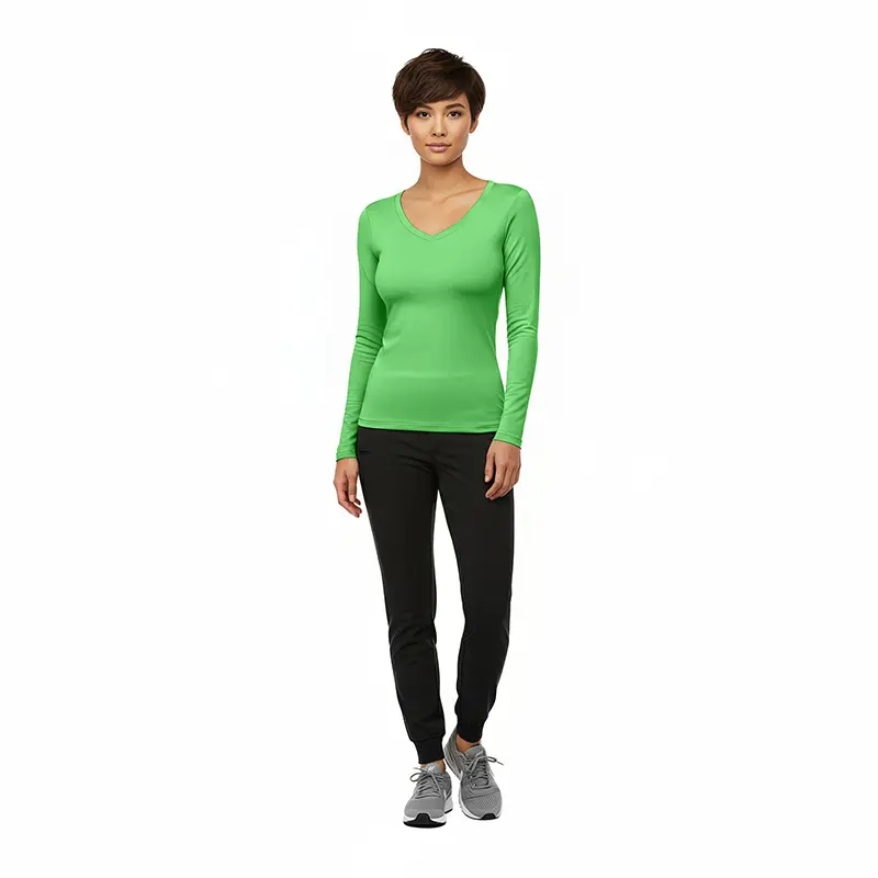 Wholesale women's green long-sleeve v-neck top with black jogger pants and gray sneakers