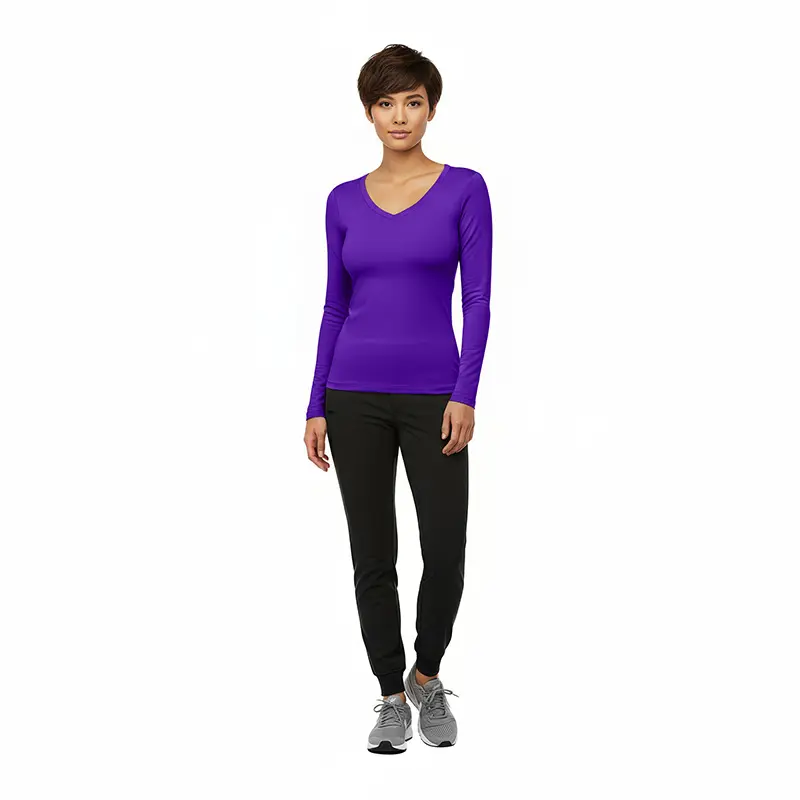 Wholesale women's purple v-neck long sleeve top with black jogger pants and gray sneakers