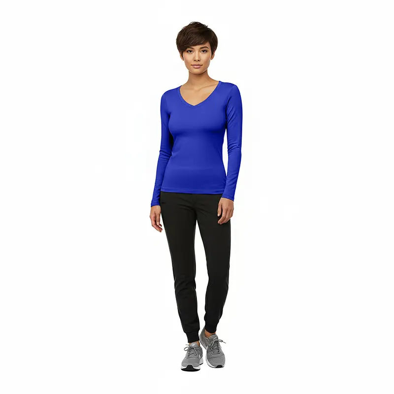 Wholesale women's blue v-neck long sleeve top with black jogger pants and gray sneakers