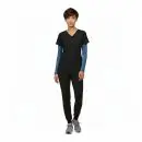 Wholesale women's black v-neck t-shirt with blue long sleeve layering shirt and black jogger pants