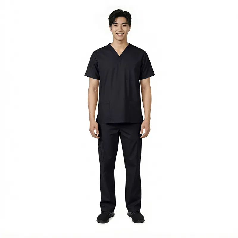 Wholesale men's black v-neck scrub top and cargo pants set