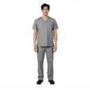 Wholesale men's gray scrub set with short-sleeve v-neck top and cargo pants with pockets