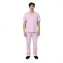 Wholesale men's pink v-neck scrub top and cargo pants set with short sleeves and pockets