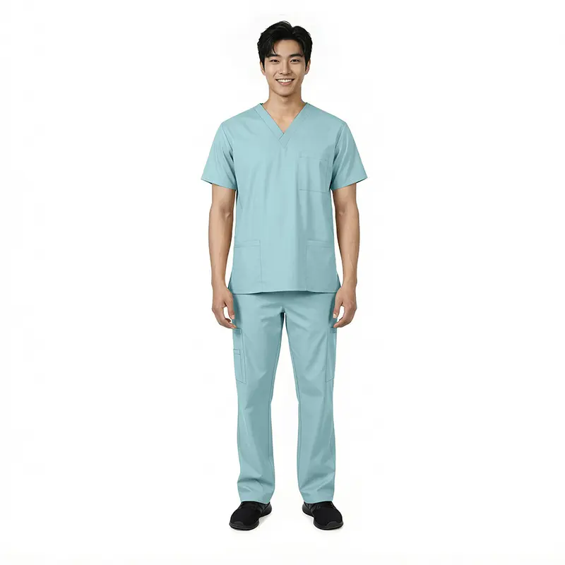 Wholesale men's seafoam scrub set with v-neck top and cargo pants with multiple pockets