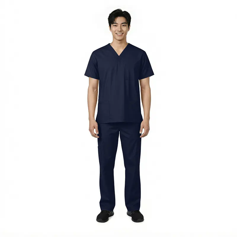 Wholesale men's navy blue v-neck scrub top and pants set