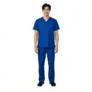 Wholesale men's blue v-neck scrub top and pants set with short sleeves and cargo pockets