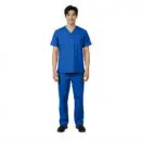Wholesale men's blue v-neck scrub set with short-sleeve top and drawstring pants