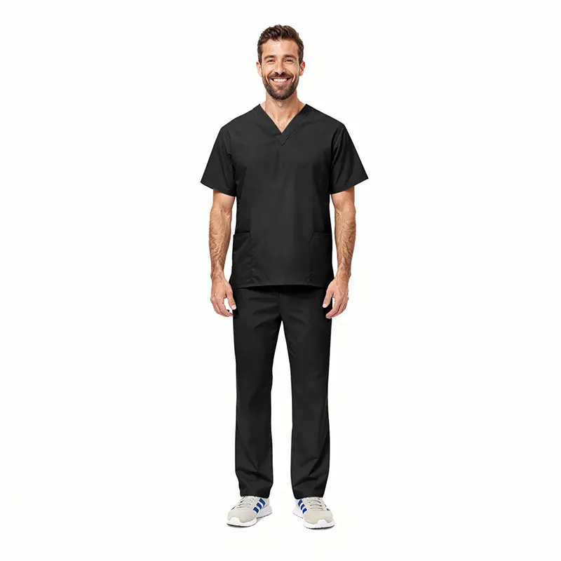 Wholesale men's black v-neck scrub top and pants set with short sleeves