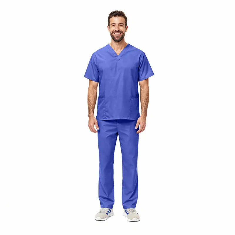 Wholesale men's blue scrubs set with short-sleeve v-neck top and straight-leg pants with pockets