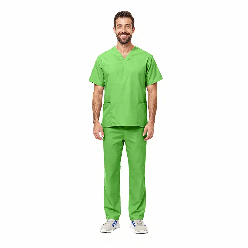 Wholesale men's lime green v-neck scrub top and pants set with short sleeves and front pockets