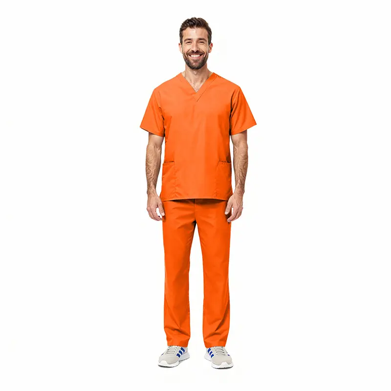 Wholesale men's orange v-neck scrub top and pants set with short sleeves and front pockets