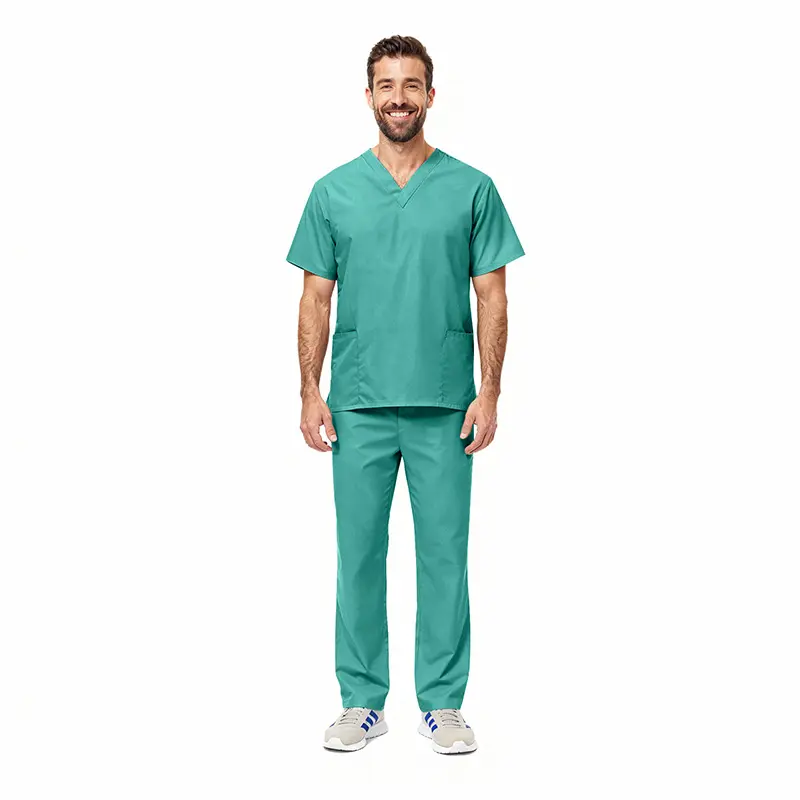 Wholesale men's teal v-neck scrub top and pants set with short sleeves and front pockets