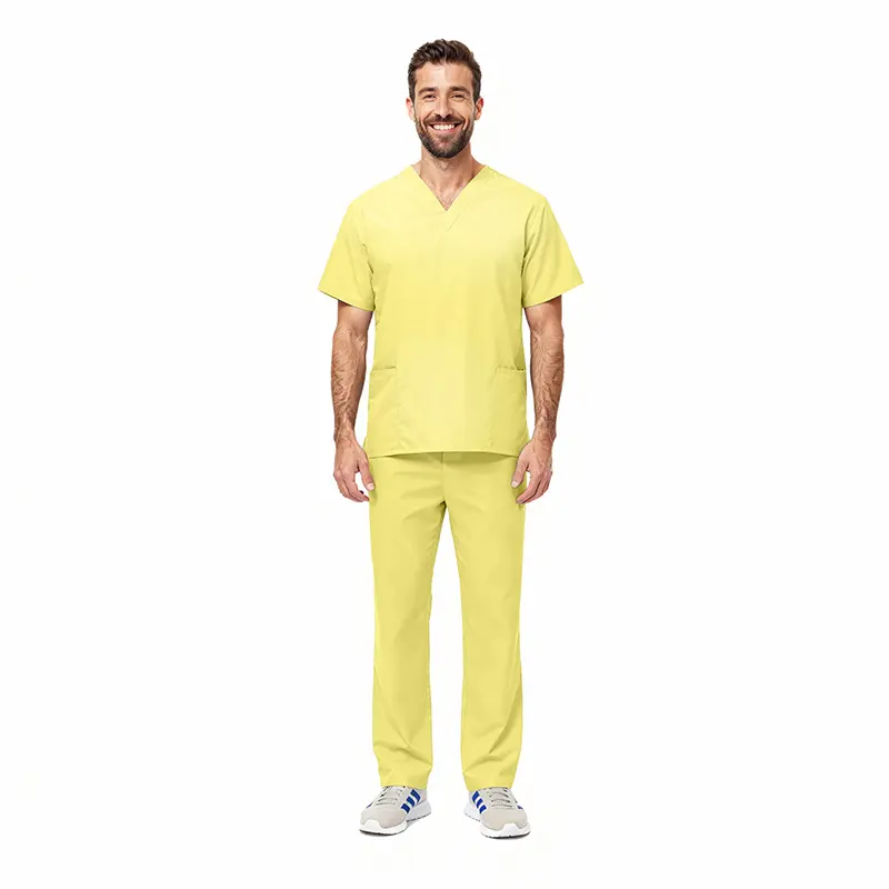Wholesale men's yellow v-neck scrub top and pants set with short sleeves and front pockets