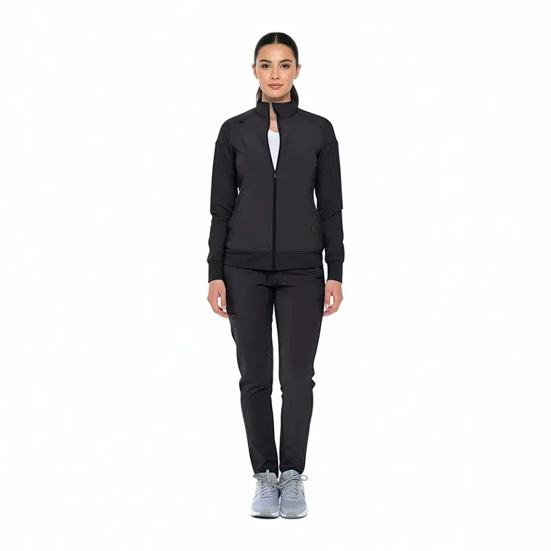 Wholesale women's black zip-up jacket and matching pants athletic set with white undershirt