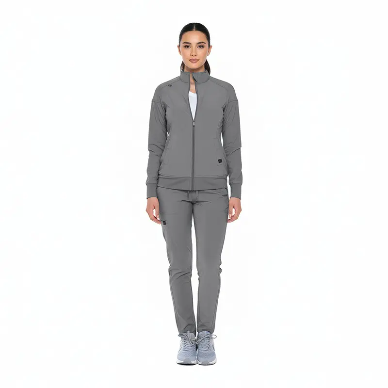 Wholesale women's gray zip-up jacket and matching jogger pants set with white sneakers