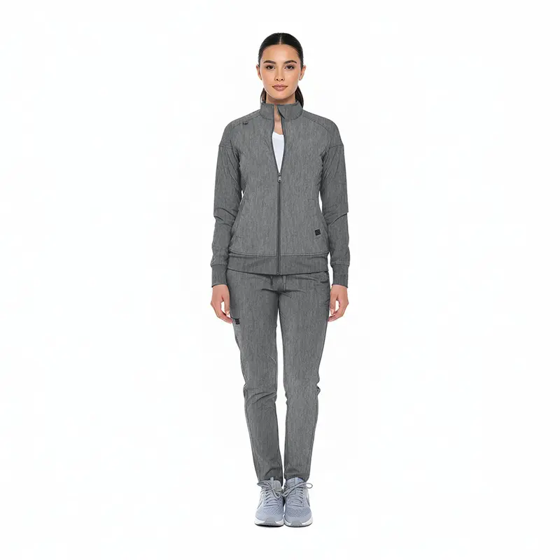 Wholesale women's gray zip-up jacket and matching jogger pants set with white undershirt and light blue sneakers