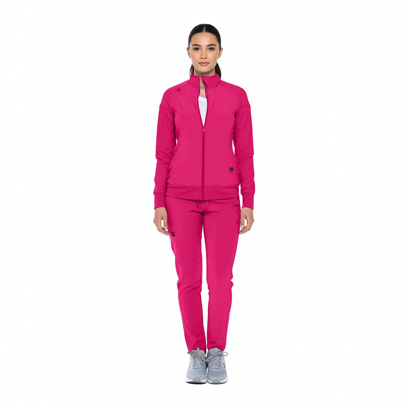 Wholesale women's hot pink zip-up tracksuit with matching jacket and pants