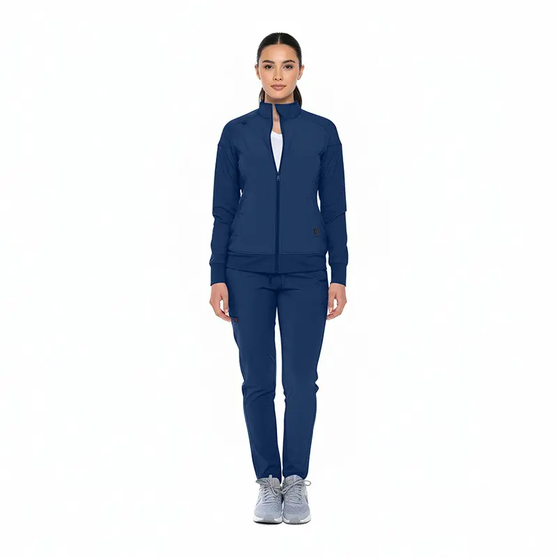 Wholesale women's navy blue zip-up tracksuit with white undershirt and gray sneakers