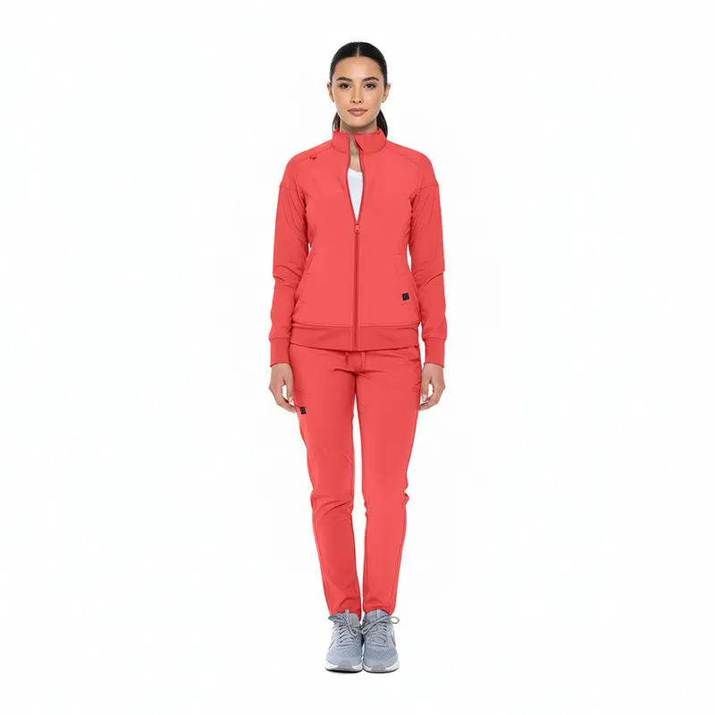 Wholesale women's coral zip-up jacket and jogger pants set with white undershirt and gray sneakers