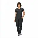 Wholesale women's black v-neck scrub top and cargo pants set with short sleeves and multiple pockets