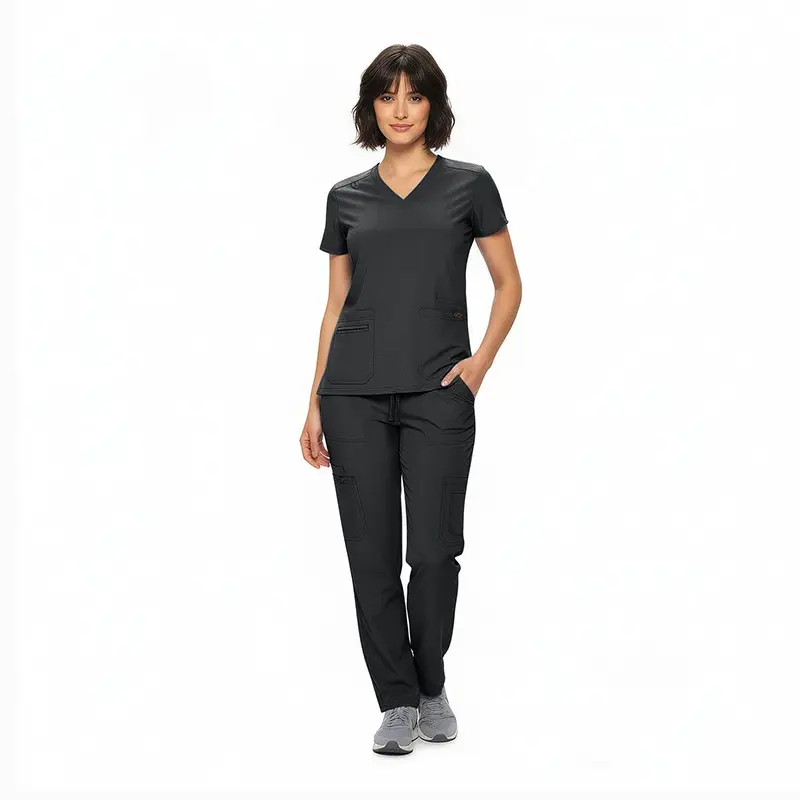 Wholesale women's black v-neck scrub top and cargo pants set with short sleeves
