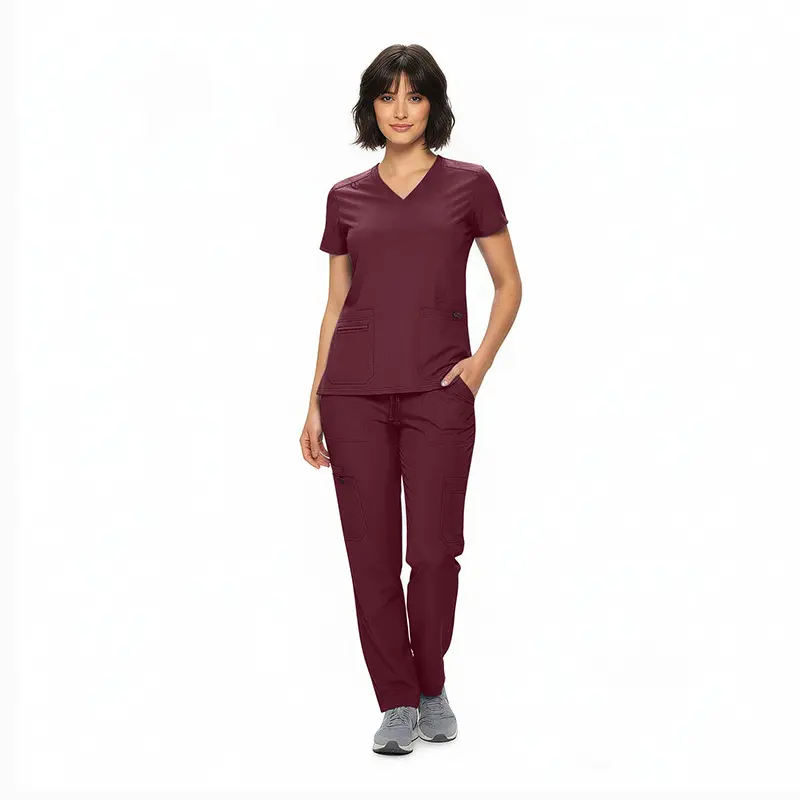 Wholesale women's burgundy scrub set with v-neck top and cargo pants with pockets
