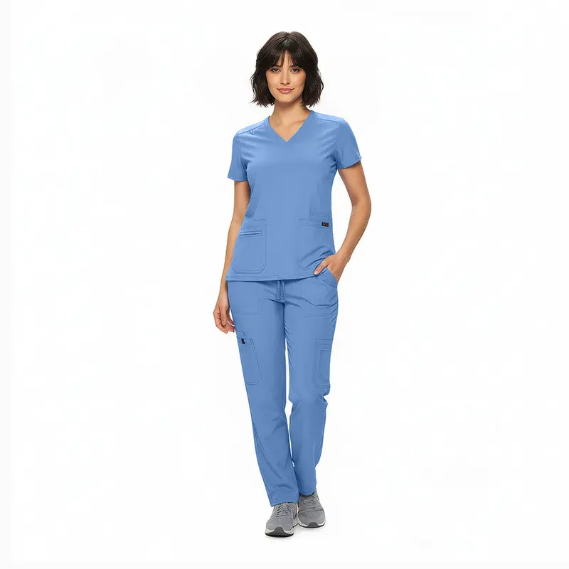 Wholesale women's blue v-neck scrub top and cargo pants set with short sleeves and multiple pockets