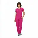 Wholesale women's magenta v-neck scrub top with short sleeves and cargo pants with multiple pockets