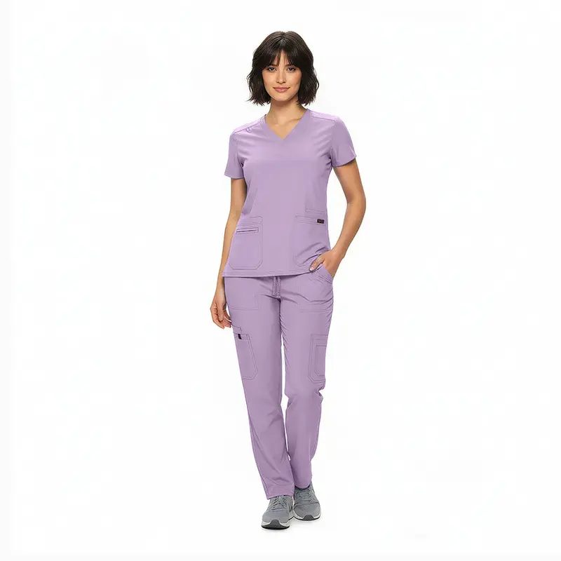 Wholesale women's purple scrub set with short sleeve top and cargo pants