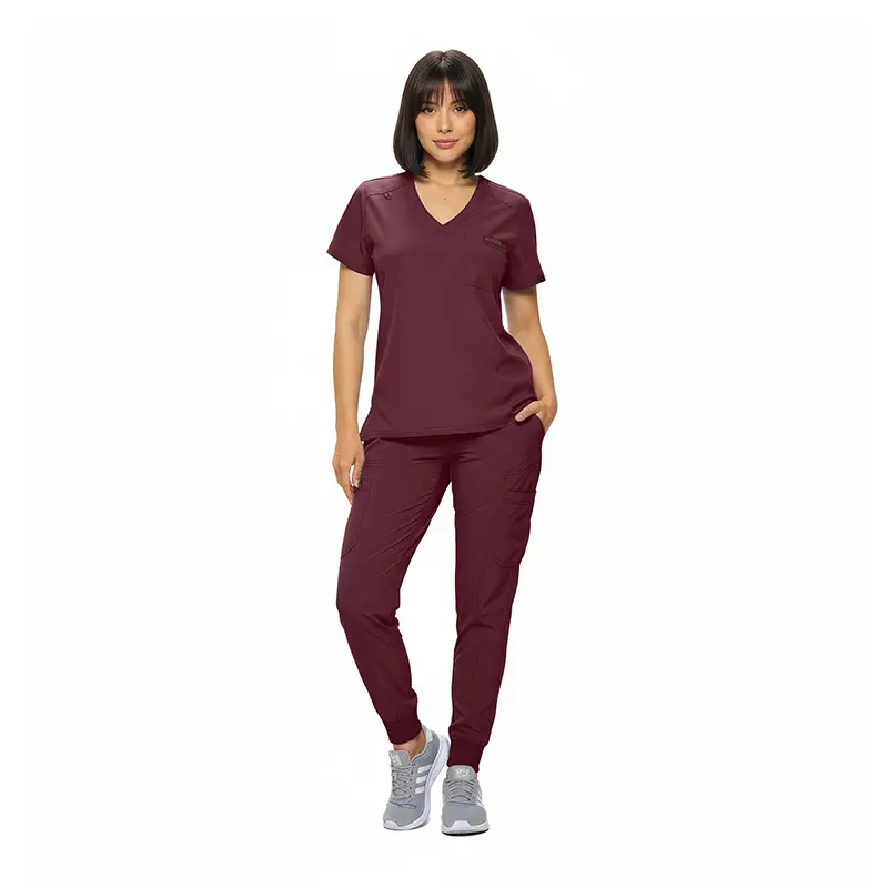 Wholesale women's maroon v-neck scrub top and jogger pants set with short sleeves and pockets