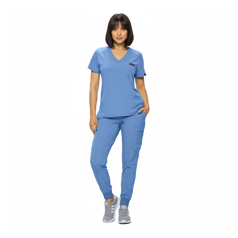 Wholesale women's blue v-neck scrub top and jogger pants set with chest pocket
