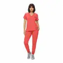 Wholesale women's coral scrub set with short-sleeve v-neck top and jogger pants