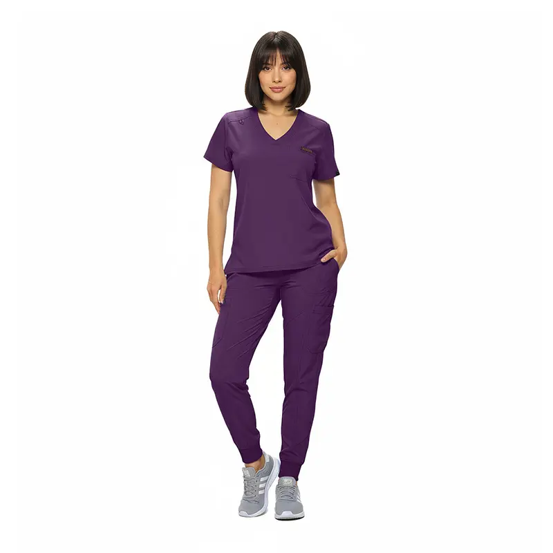 Wholesale women's purple v-neck scrub top and jogger pants set with pockets