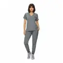 Wholesale women's gray heathered v-neck scrub top and jogger pants set with pockets