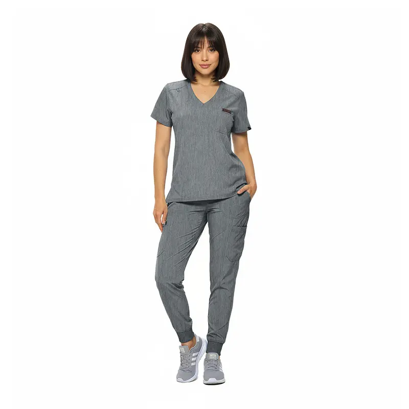 Wholesale women's gray heathered v-neck scrub top and jogger pants set with pockets
