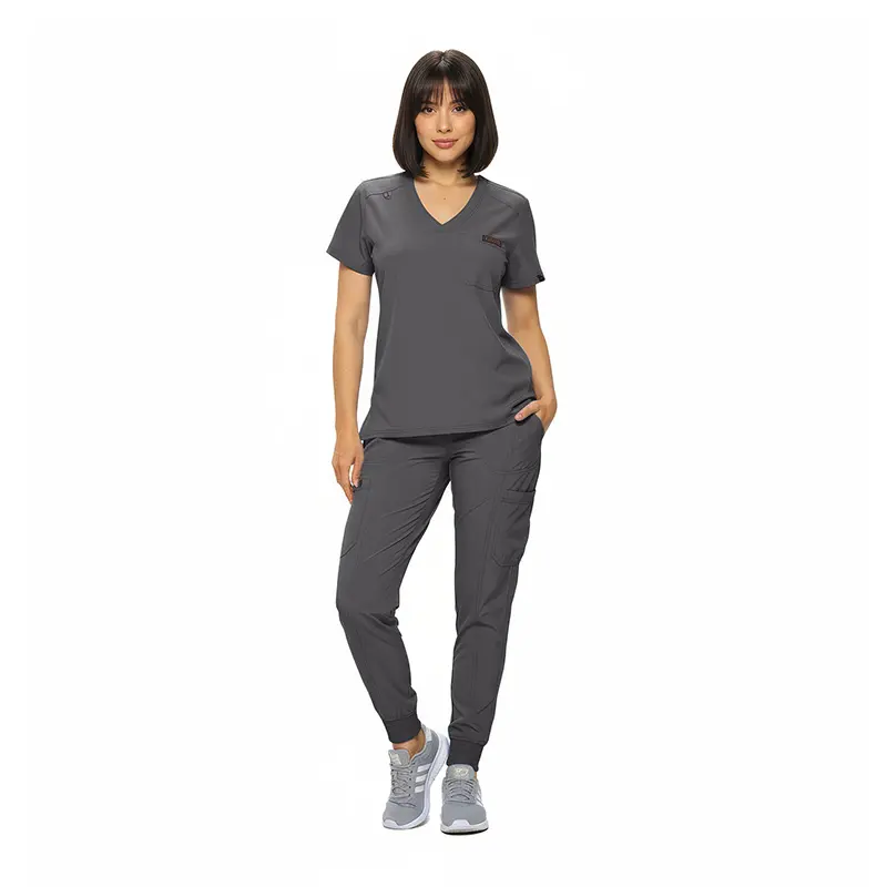 Wholesale women's gray v-neck scrub top with short sleeves and cargo pants set