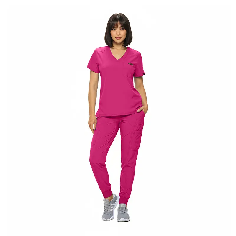 Wholesale women's magenta v-neck scrub top and jogger pants set with short sleeves and cargo pockets