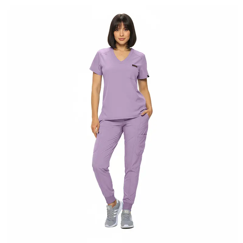 Wholesale women's purple v-neck scrub top and cargo pants set with short sleeves