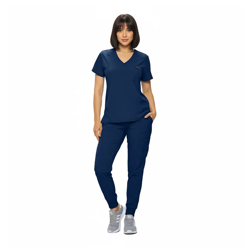 Wholesale women's navy blue v-neck scrub top and jogger pants set with chest pocket