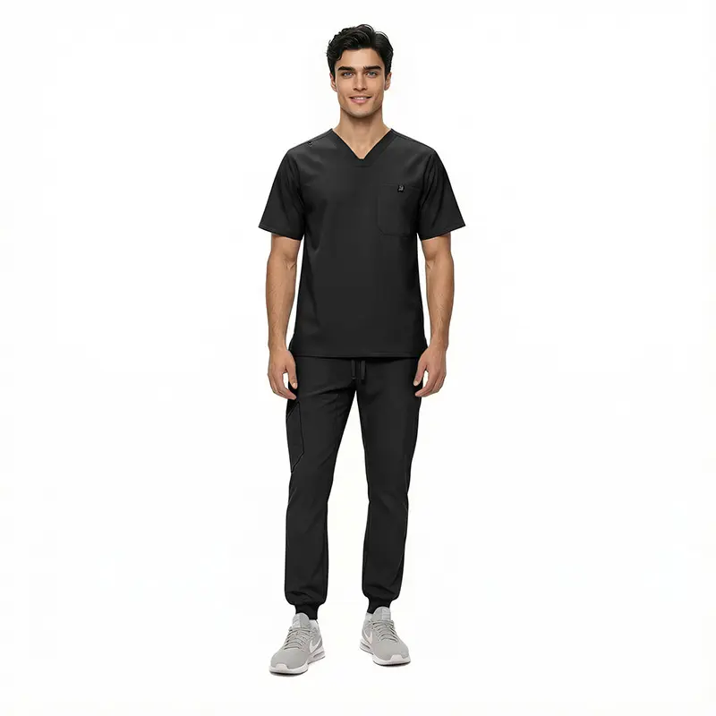 Wholesale men's black v-neck scrub top with chest pocket and matching black jogger pants
