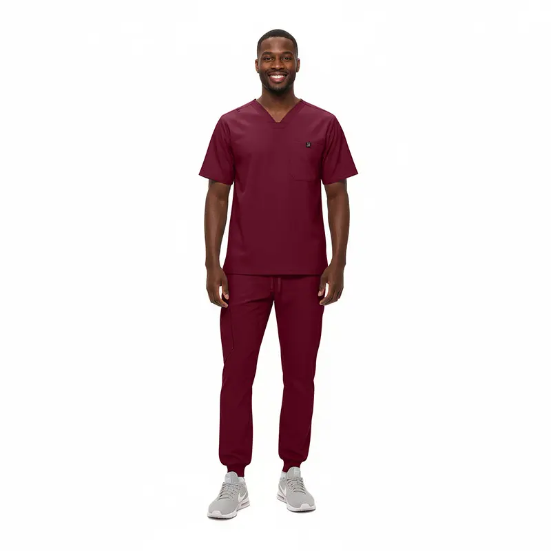 Wholesale men's burgundy scrubs set with v-neck top and jogger pants